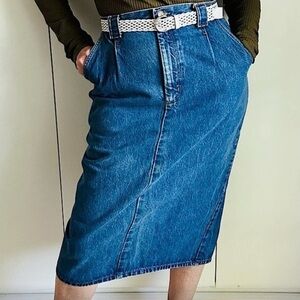 Y2K Denim Pencil Skirt Midi Length Pocket Medium wash Size 10 Made in USA